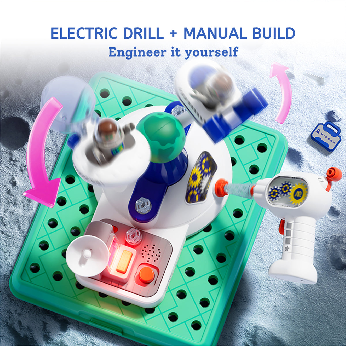 A children's toy engineering set with a white and blue electric drill mounted on a green base, plus a white handheld tool with gears and orange knobs. The scene includes motion blur effects, pink arrows, and text reading 'ELECTRIC DRILL + MANUAL BUILD Engineer it yourself' over a gray icy background.