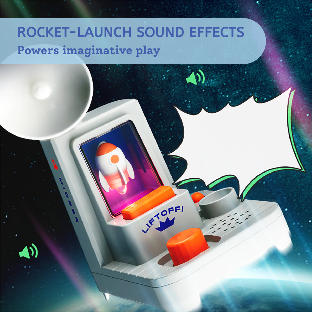 A toy rocket-launch sound effect device shown against a space-themed background with text reading 'ROCKET-LAUNCH SOUND EFFECTS Powers imaginative play.' The product is white with orange accents, a screen showing a cartoon rocket, and visible 'LIFTOFF!' branding.
