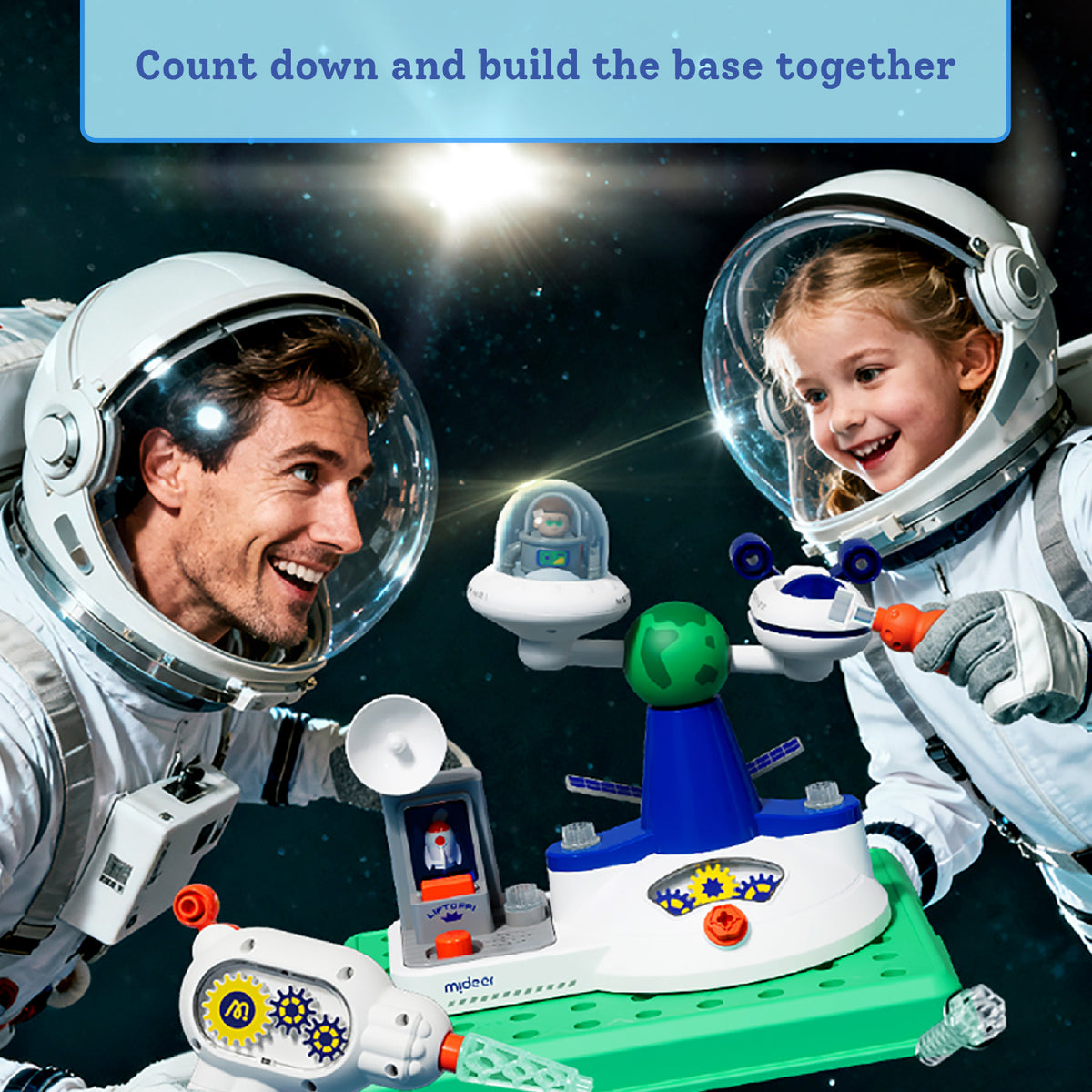 An astronaut toy set shown in a space-themed lifestyle scene with two people in space suits assembling and playing with a colorful space base. The scene includes a blue banner at the top reading 'Count down and build the base together' and the brand name 'meber' visible on the toy.