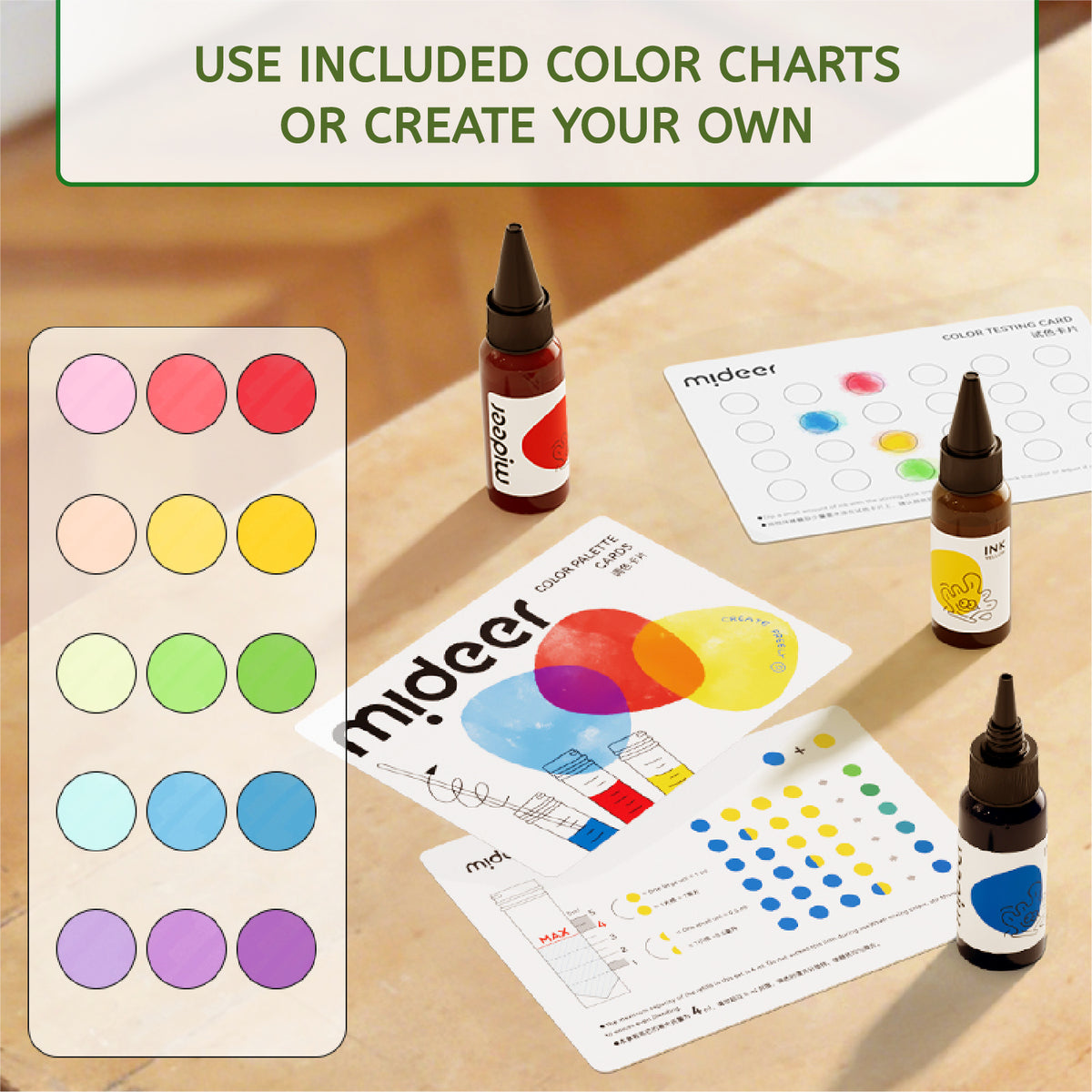 Mideer color mixing kit with multiple small bottles of liquid, printed color charts, and mixing guides arranged on a wooden surface, with text at the top reading 'USE INCLUDED COLOR CHARTS OR CREATE YOUR OWN'.