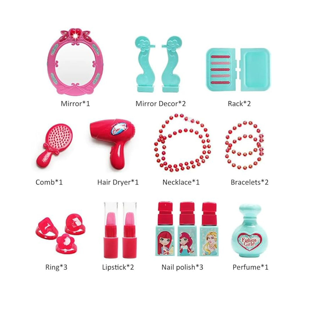 Kids Makeup Set with Vanity Table and Trolley - 21 Piece Beauty Play Set for Girls
