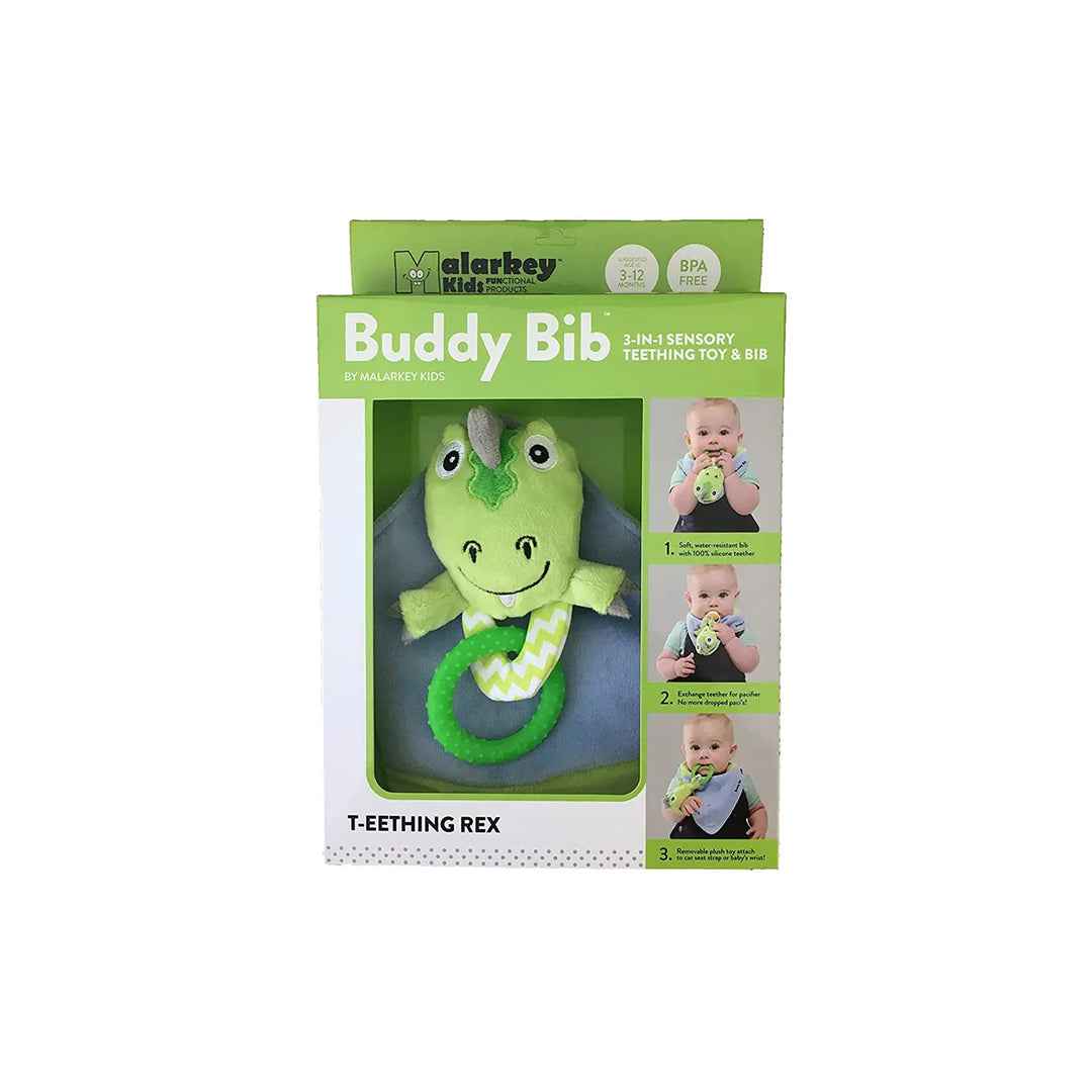 Malarkey Kids Buddy Bib - 3-in-1 Sensory Teething Toy (T-Rex)