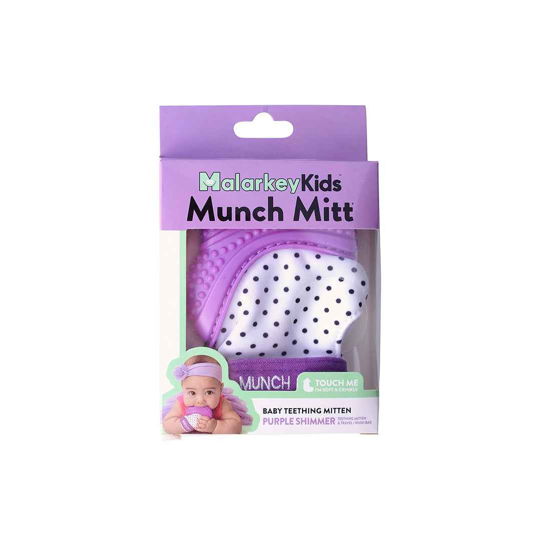 Malarkey Kids Munch Mitt - Baby Teething Mitten (Purple Polka Dots)