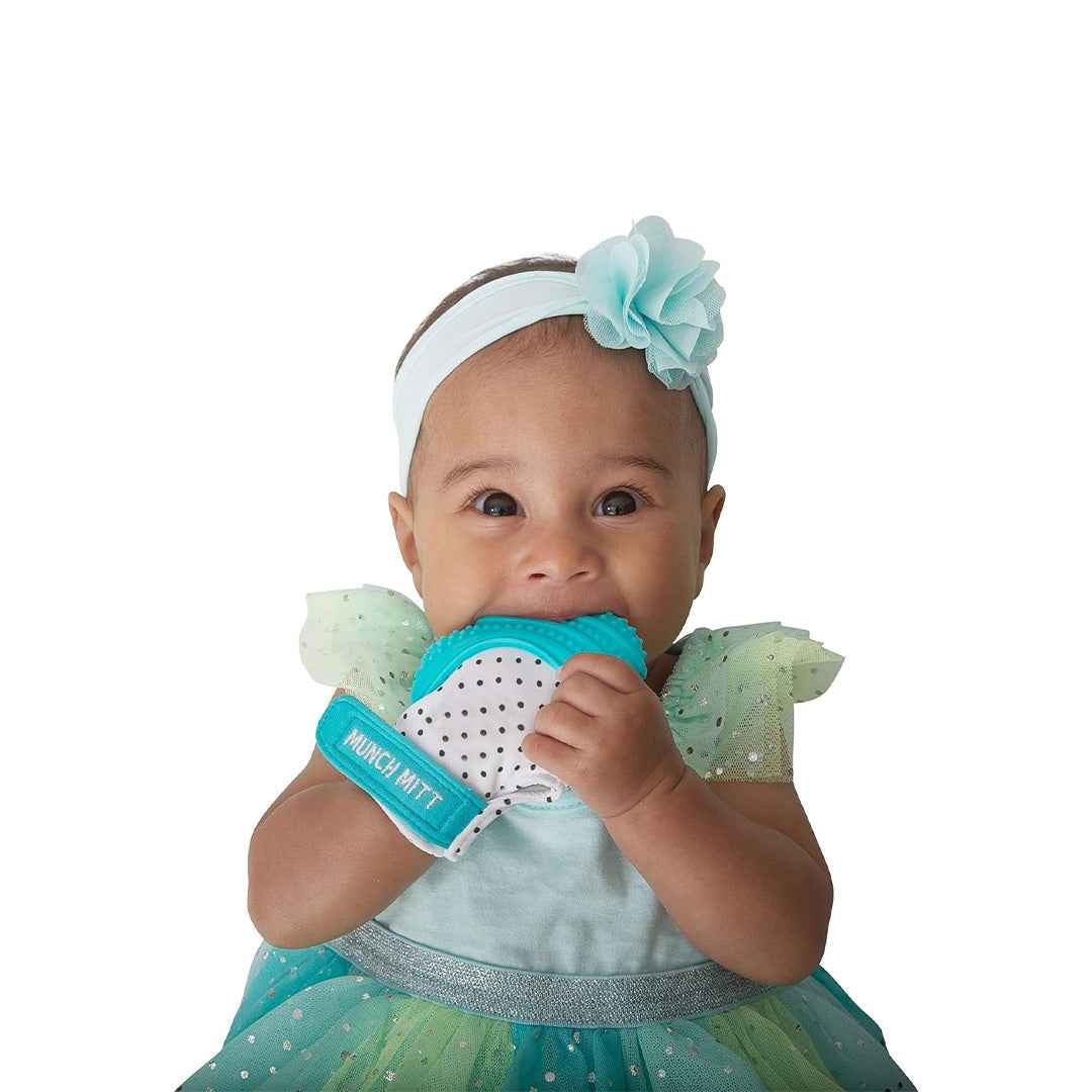 Malarkey Kids Munch Mitt - Baby Teething Mitten (Aqua Blue Polka Dots)