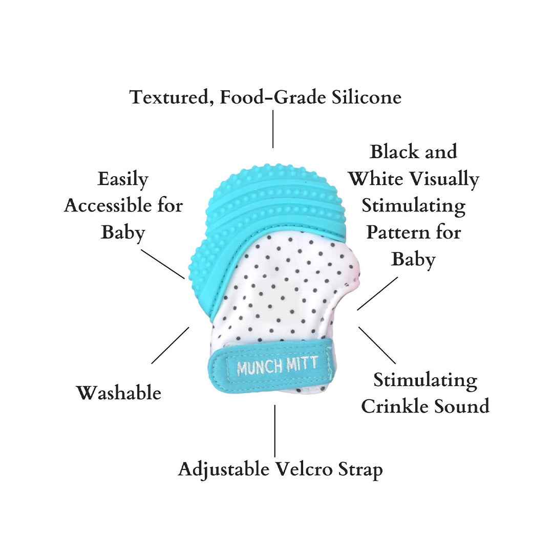 Malarkey Kids Munch Mitt - Baby Teething Mitten (Aqua Blue Polka Dots)