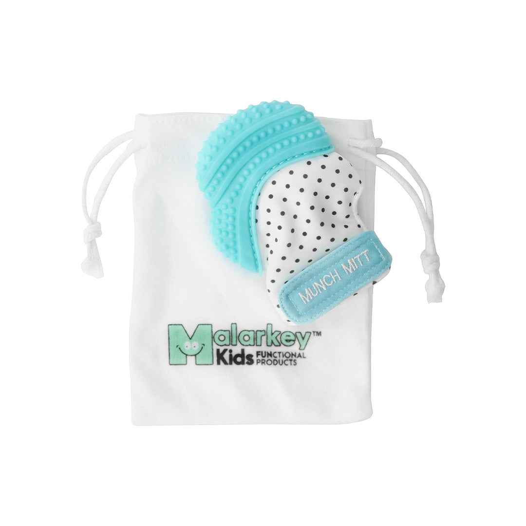 Malarkey Kids Munch Mitt - Baby Teething Mitten (Aqua Blue Polka Dots)