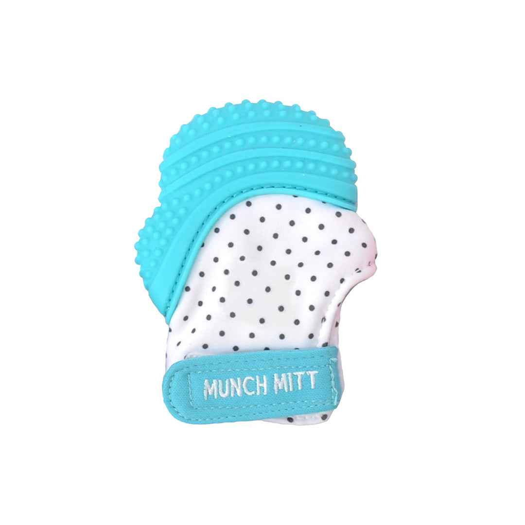 Malarkey Kids Munch Mitt - Baby Teething Mitten (Aqua Blue Polka Dots)
