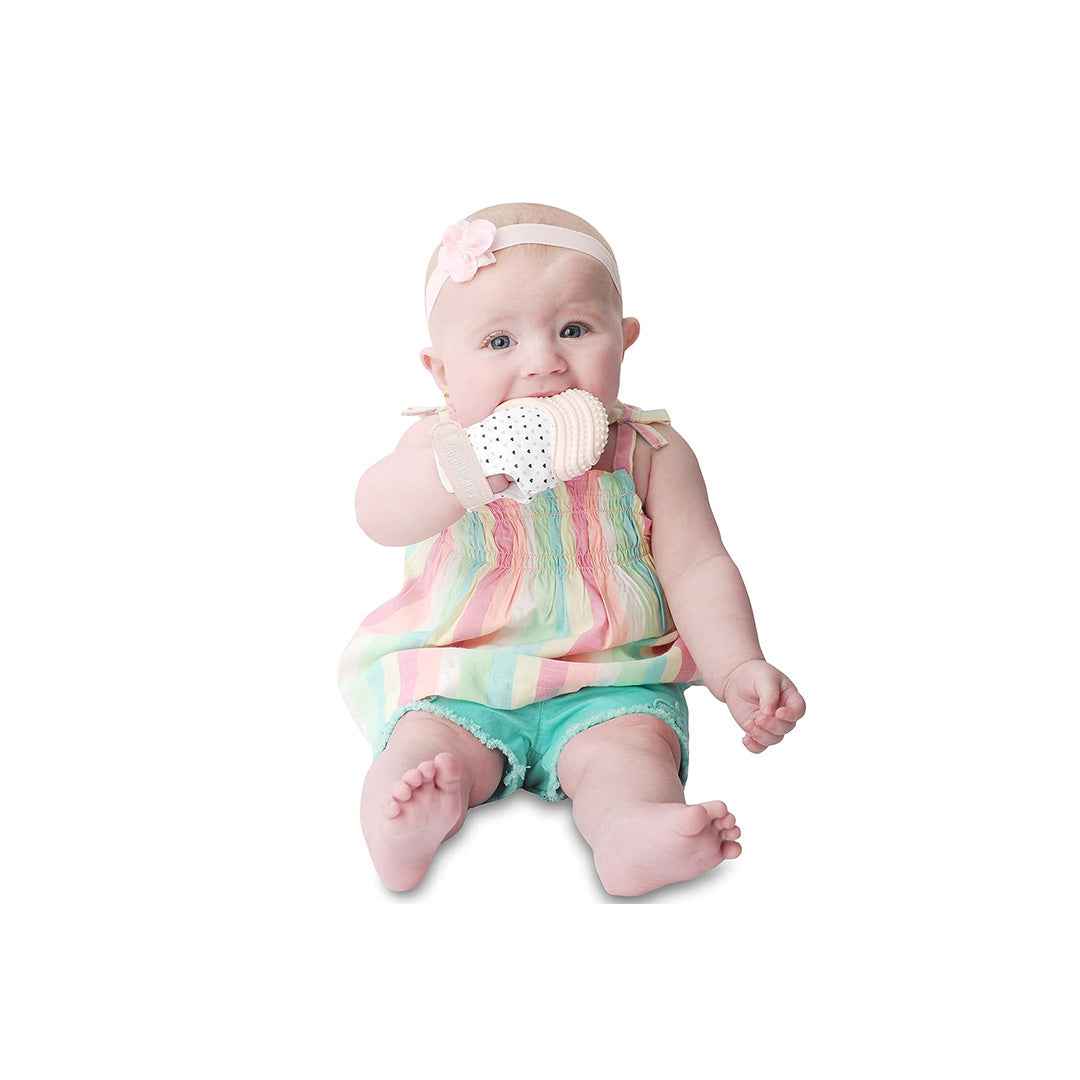 Malarkey Kids Munch Mitt - Baby Teething Mitten (Pastel Pink Hearts)