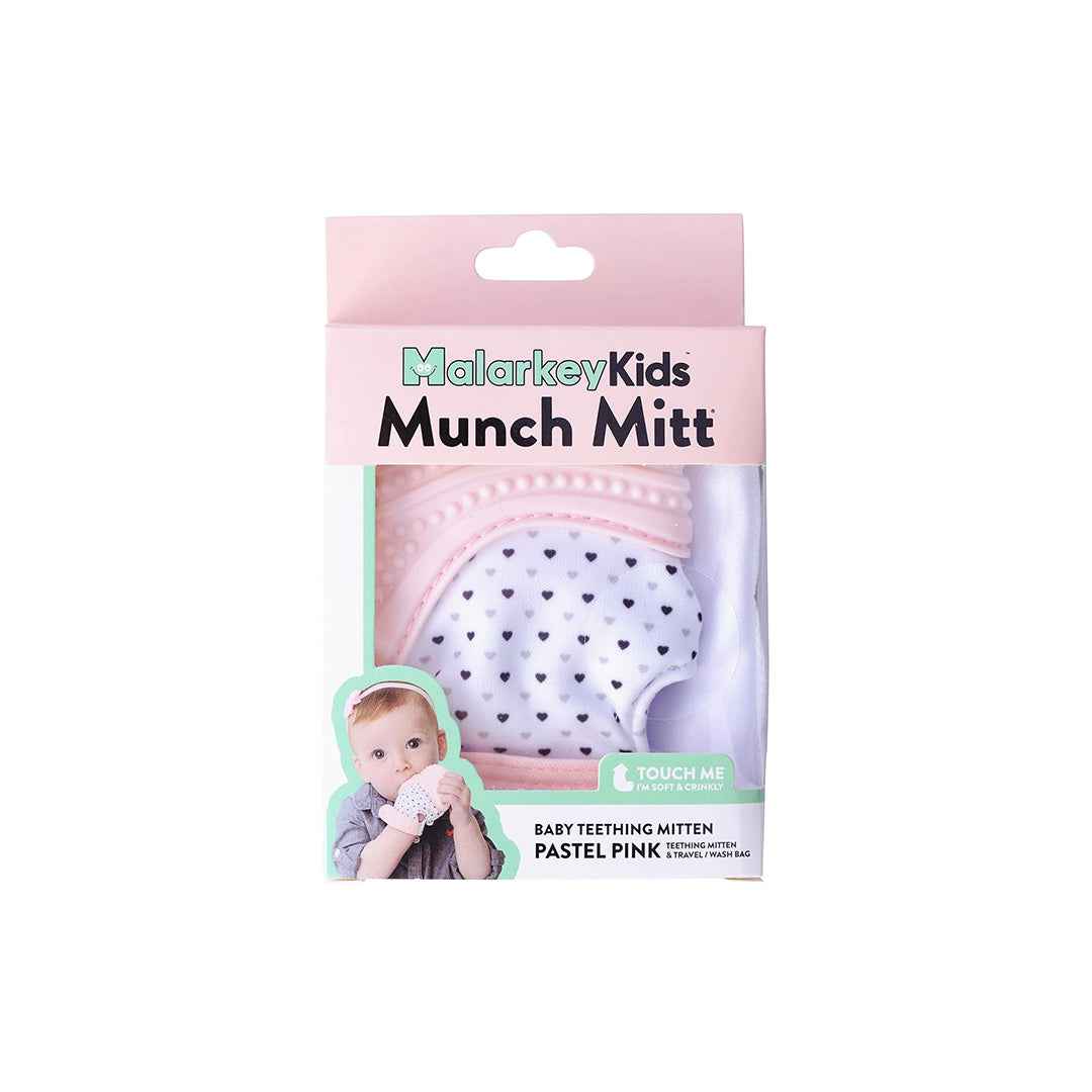 Malarkey Kids Munch Mitt - Baby Teething Mitten (Pastel Pink Hearts)