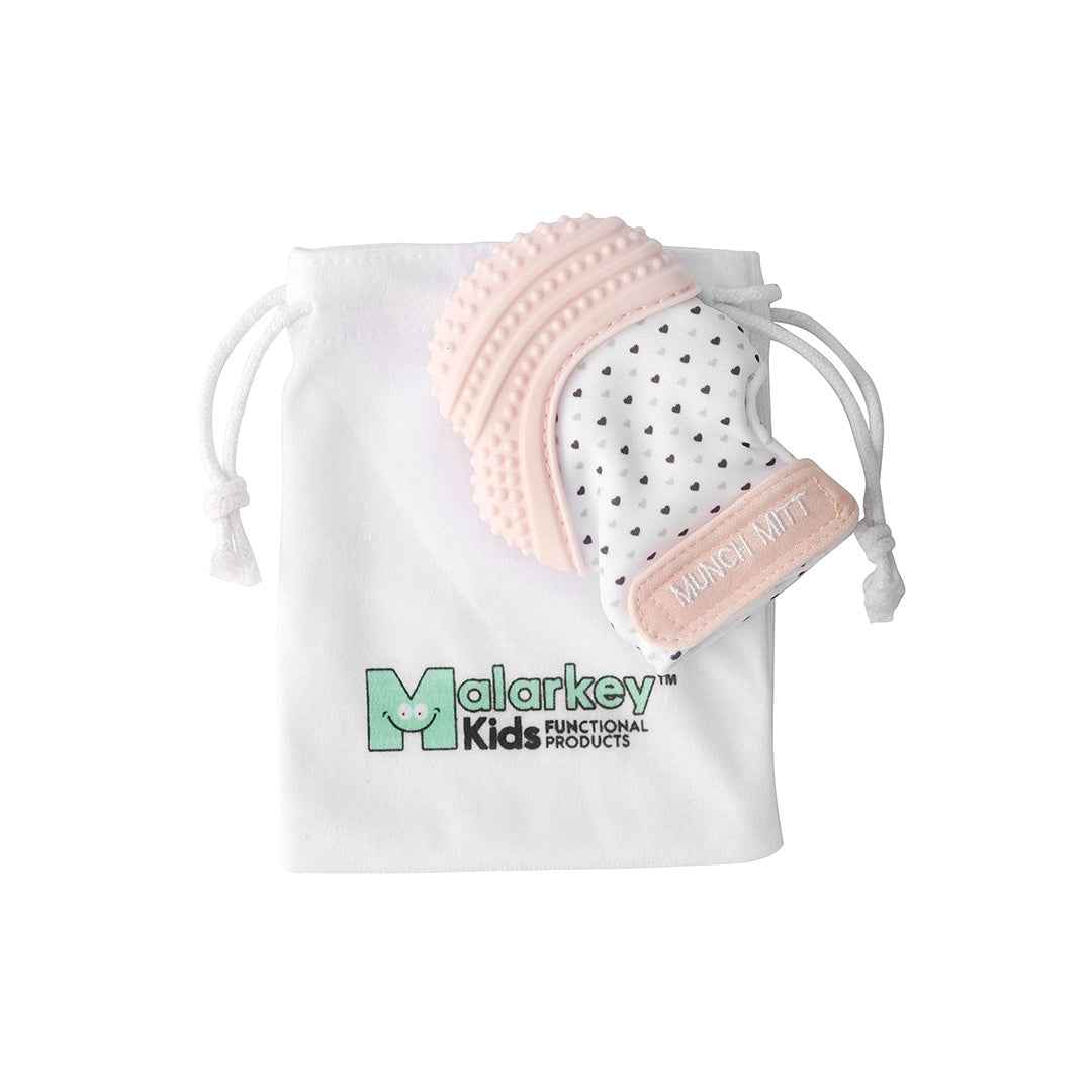 Malarkey Kids Munch Mitt - Baby Teething Mitten (Pastel Pink Hearts)
