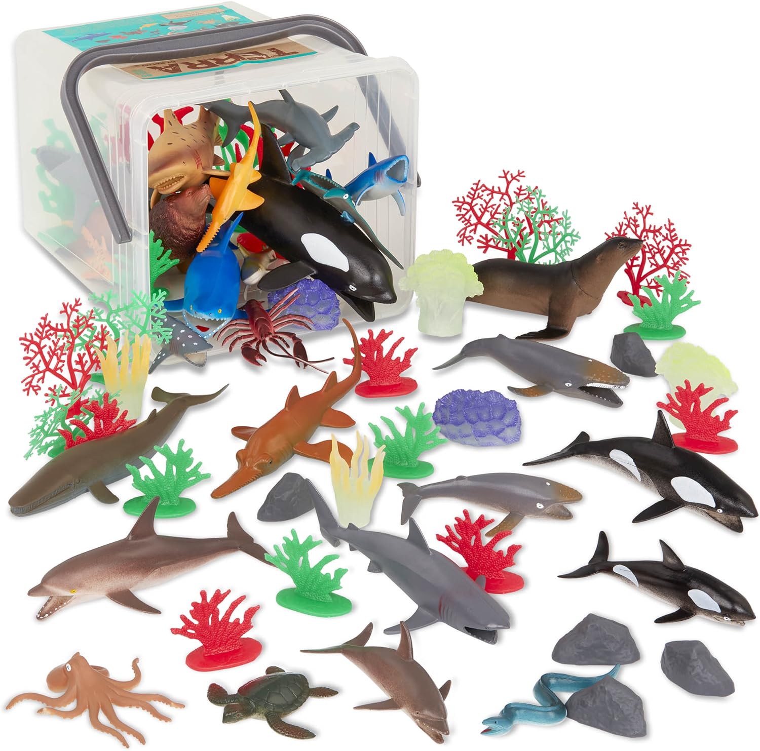 Terra Marine World Playset - 60 Piece Ocean Animal & Accessory Toy Set for Kids