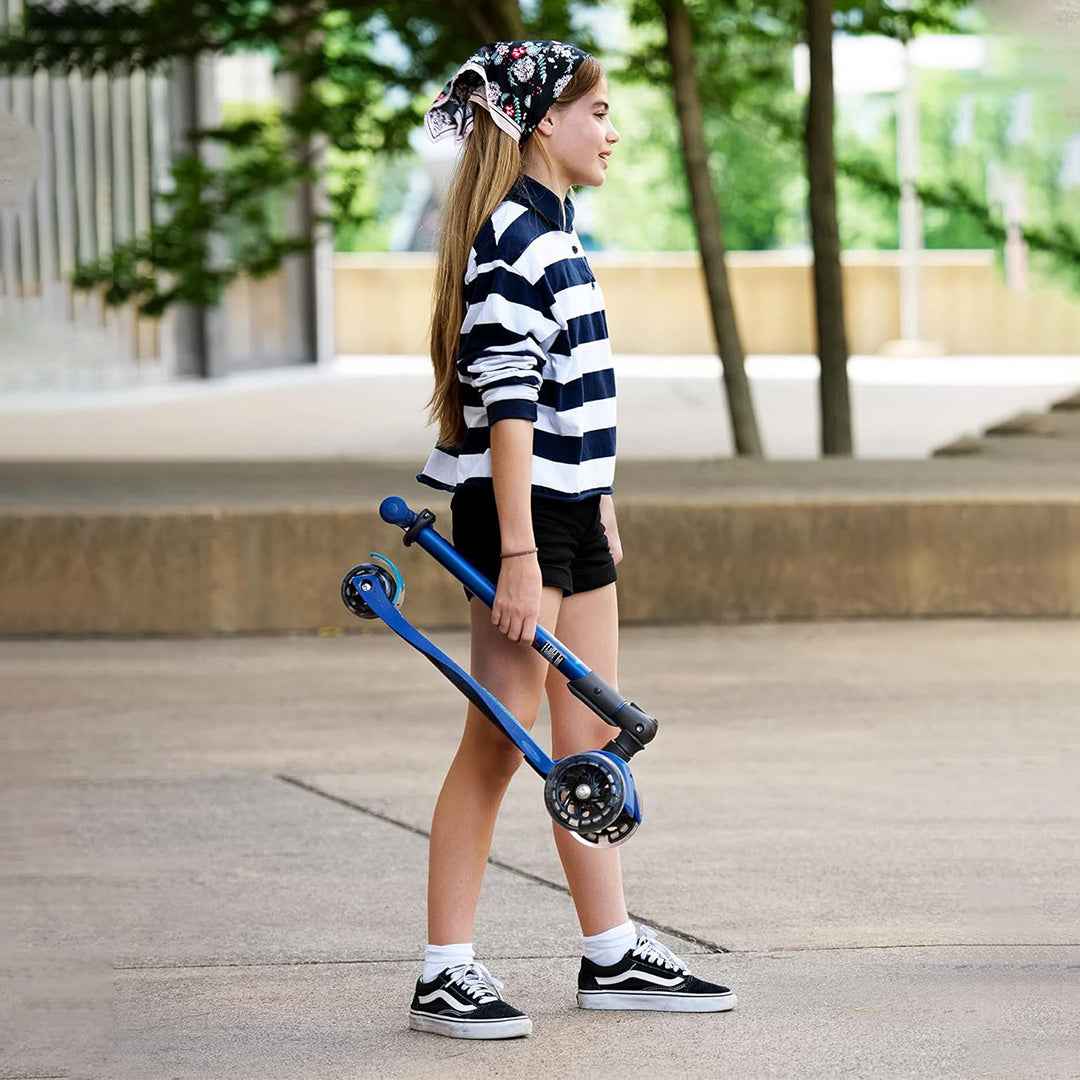Micro Maxi Deluxe Foldable LED - 3-Wheel Kids Kick Scooter (Navy Blue) - Toyspry