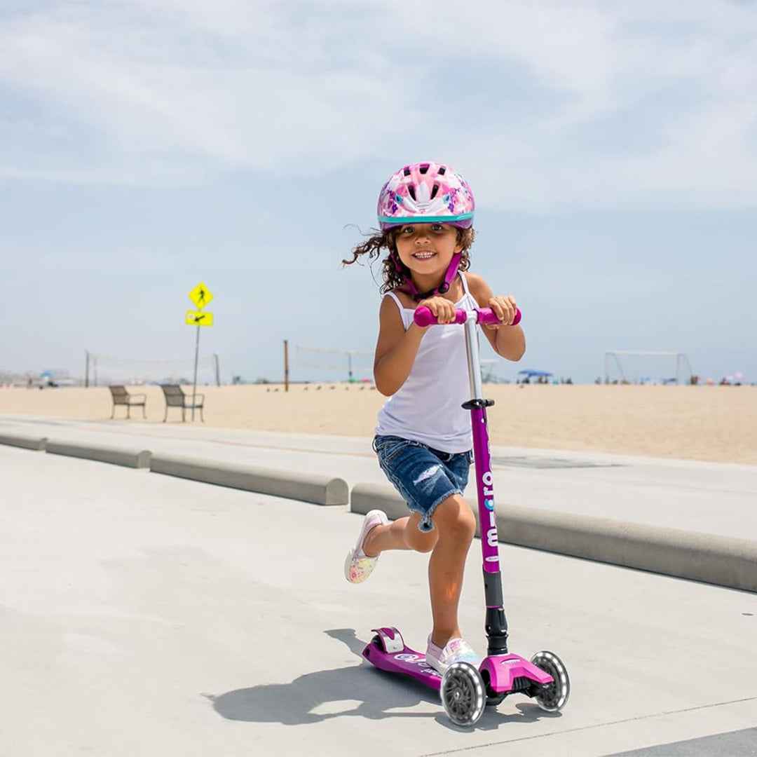 Micro Maxi Deluxe Foldable LED - 3-Wheel Kids Kick Scooter (Berry Red) - Toyspry