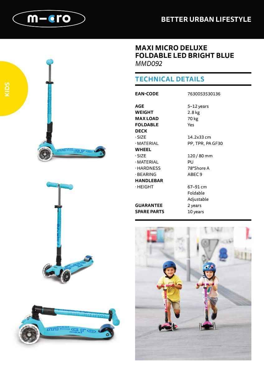 Micro Maxi Deluxe Foldable LED - 3-Wheel Kids Kick Scooter (Bright Blue)