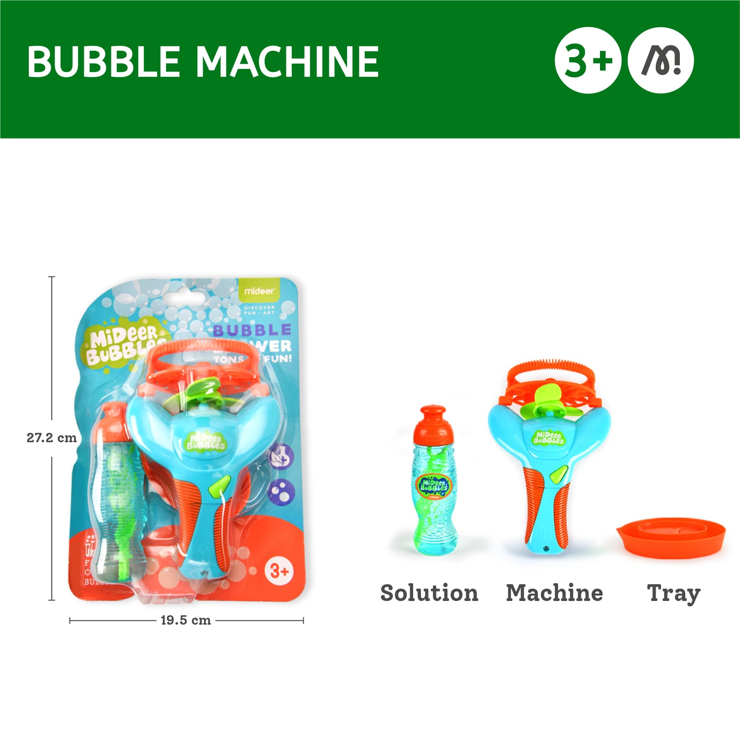 Bubble machine toy set shown on a white background with a green header. The image includes the retail blister packaging on the left with dimensions labeled, and the unpacked components on the right labeled Solution Machine, Tray, and a bottle.