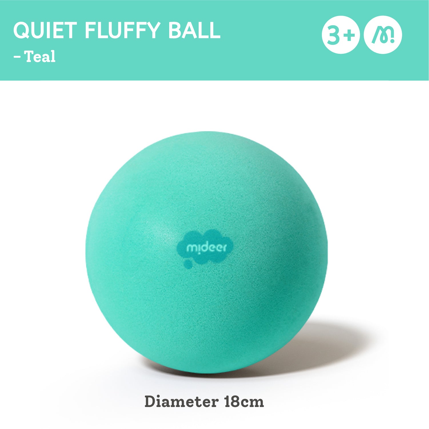 A teal foam quiet fluffy ball with the 'mideer' logo on the front, shown on a white background with a teal header banner that reads 'QUIET FLUFFY BALL - Teal' and 'Diameter 18cm'.