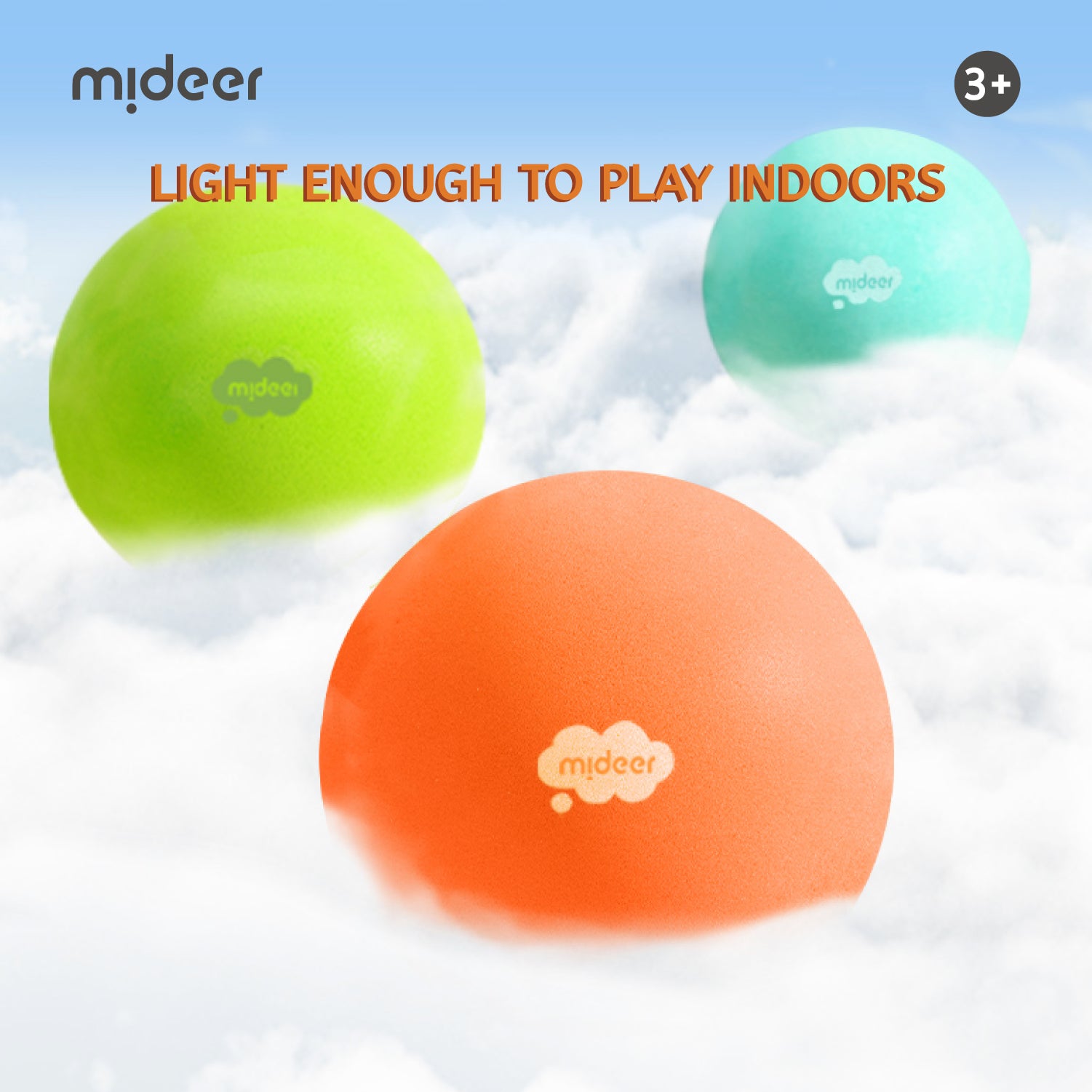 Three soft foam balls in lime green, aqua blue, and orange are floating in a cloud-like scene under a blue sky. The brand name 'mideer' appears in the top left, with the text 'LIGHT ENOUGH TO PLAY INDOORS' across the center and a '3+' age badge in the top right.