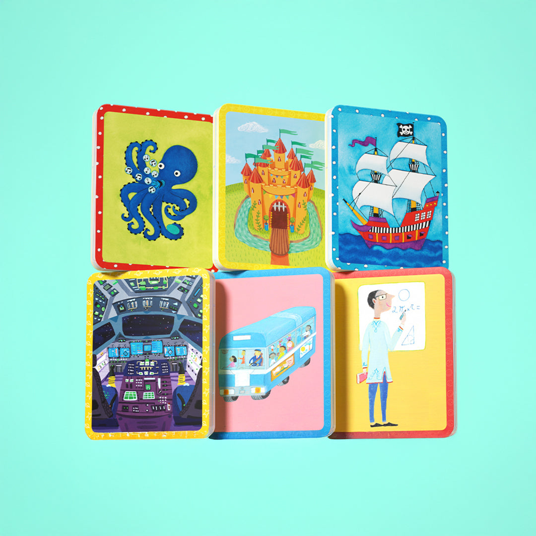 Montessori pirate and mermaid story prompt matching flashcards for active screen-free play.
