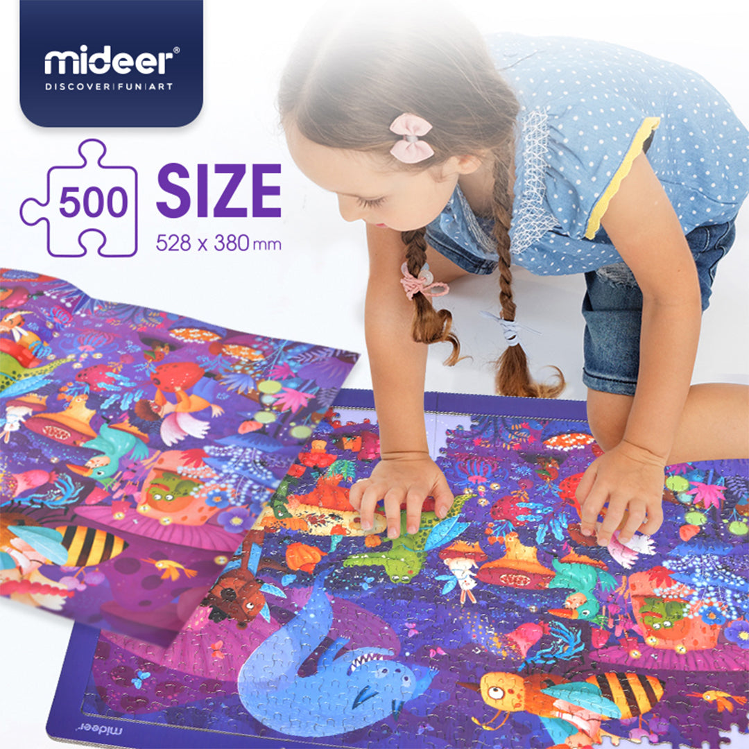 Montessori-inspired whimsical animal masquerade puzzle illustration for open-ended play.
