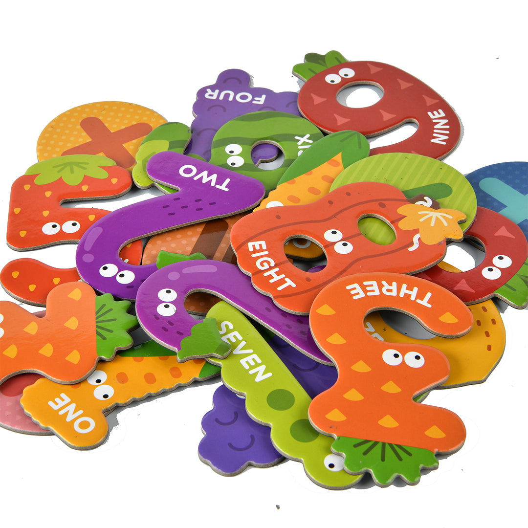 Montessori fruit and vegetable associative counting cardboard magnets for active screen-free play.

