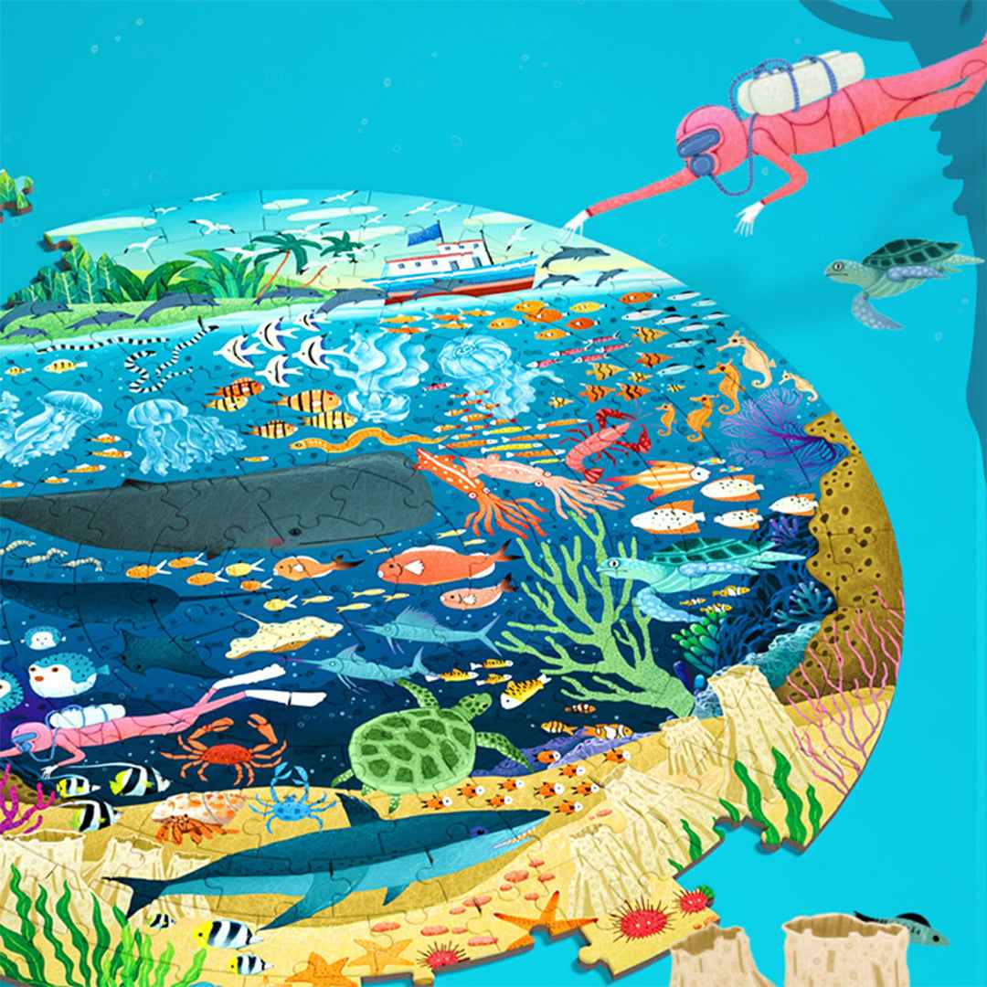 Montessori underwater marine life circular floor puzzle for screen-free play and science sorting.
