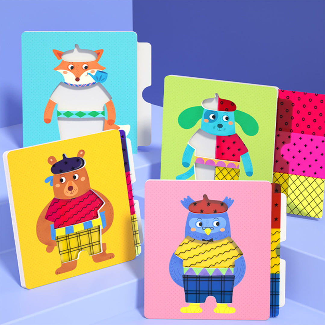 Montessori transparent fashion character overlays and color slides for active screen-free play.
