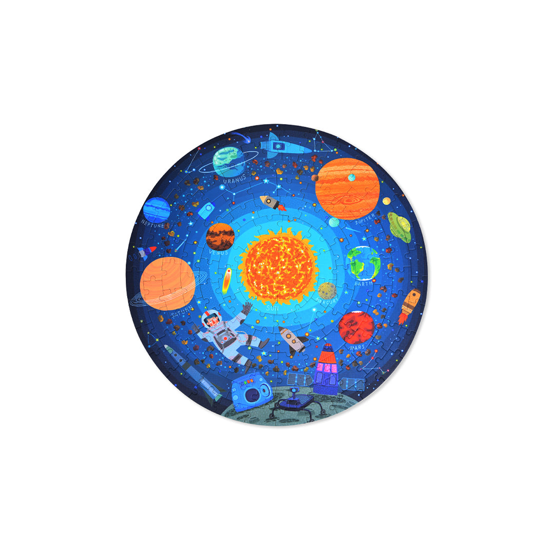 Montessori-inspired round outer space planet puzzle pieces with cylindrical storage box for open-ended play.
