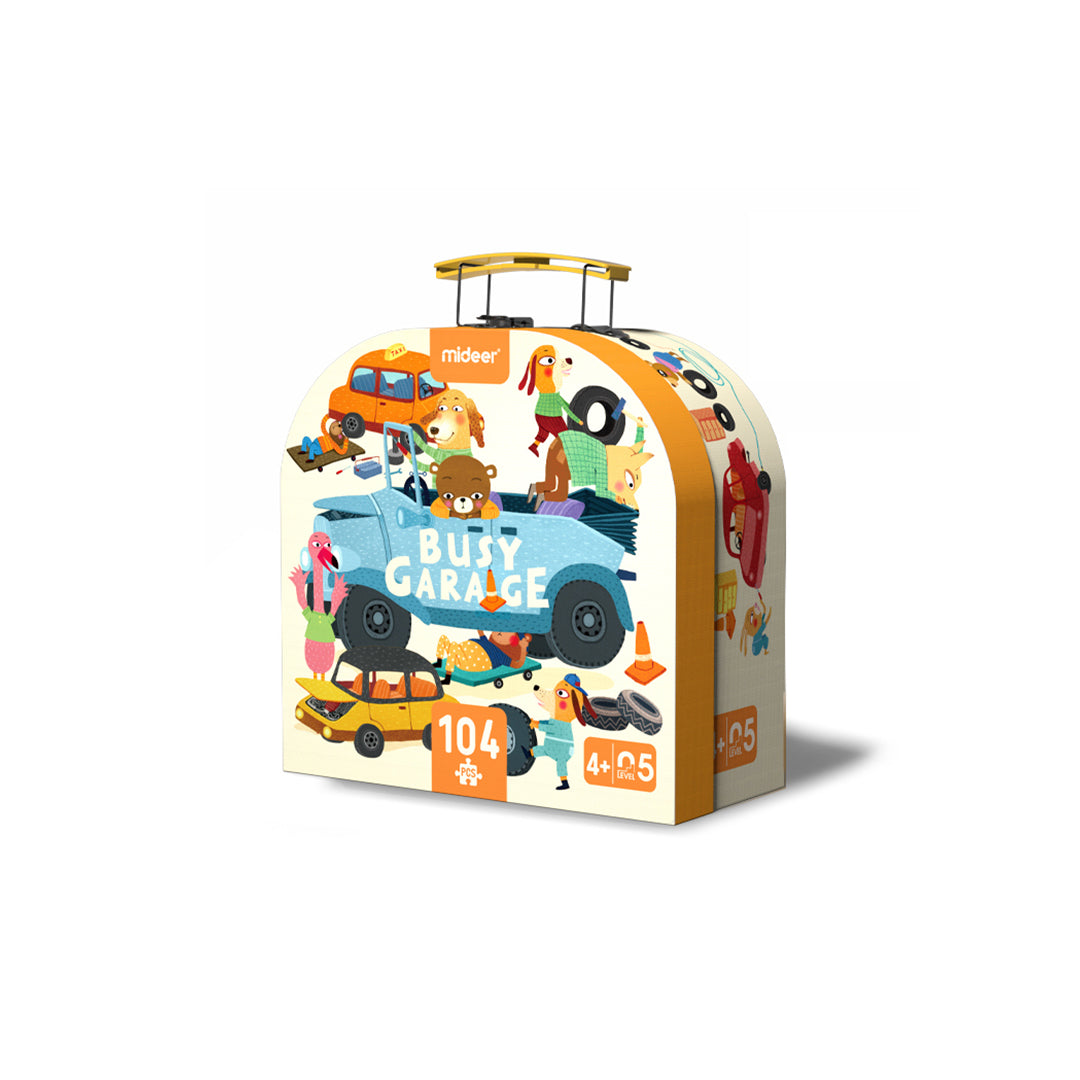 Mideer Garage Puzzle 104-piece animal vehicle repair mechanics floor jigsaw for kids toys UAE.

