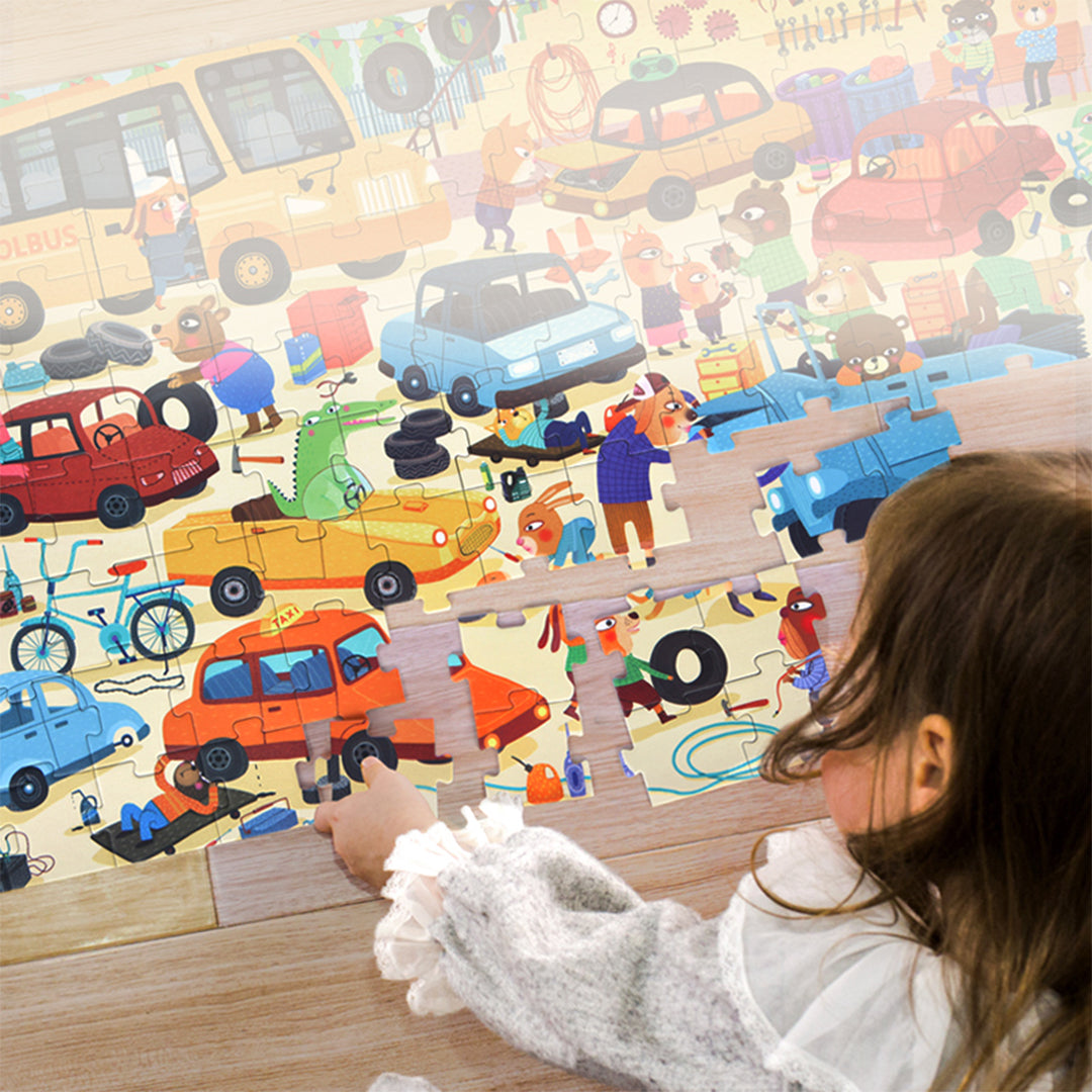 Non-toxic early childhood automotive repair scene jigsaw layout for advanced educational toys UAE.
