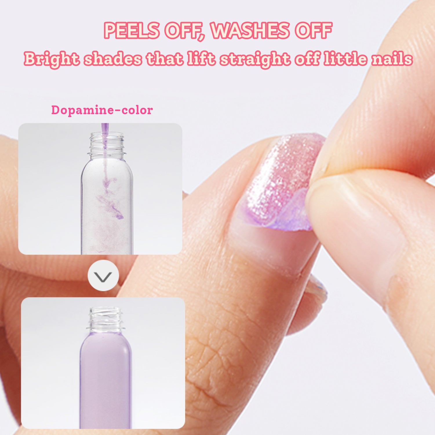 A close-up of a hand peeling a shimmering light purple nail polish swatch off a fingernail, with text reading 'PEELS OFF, WASHES OFF' and inset photos showing the colorless bottle and pale lavender liquid inside.