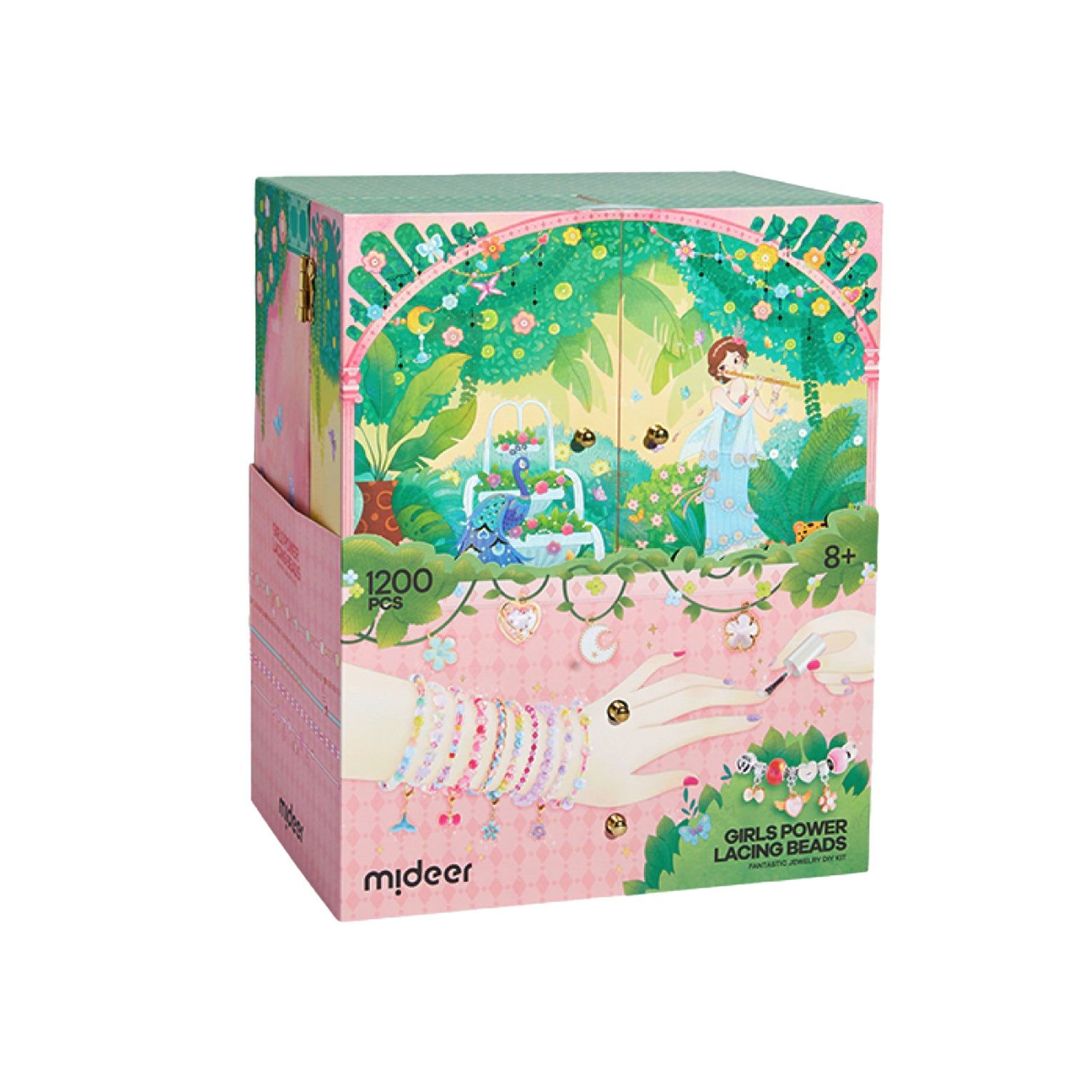 A pink and green illustrated retail box for 'mdeer Girls Power Lacing Beads' containing 1200 beads, featuring a whimsical garden illustration on the front.