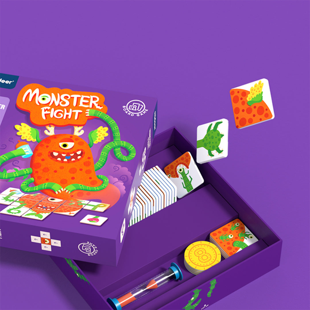 Montessori-inspired monster body parts assembly with hourglass for active screen-free play.
