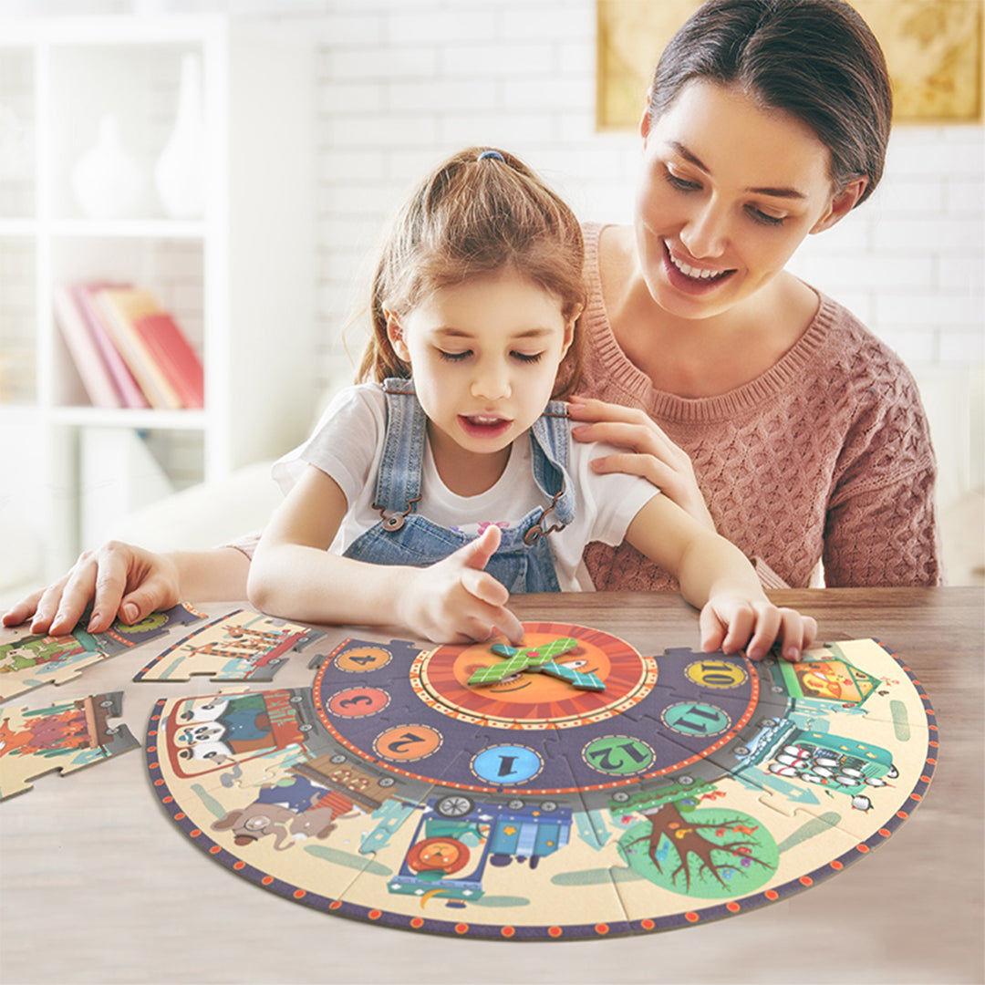 Montessori-inspired movable clock hands centerpiece with counting number rings for open-ended play.
