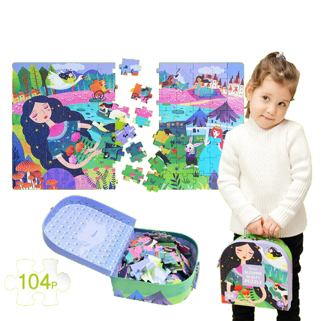 Montessori-inspired thick cardboard puzzle pieces with portable carry handle suitcase for open-ended play.
