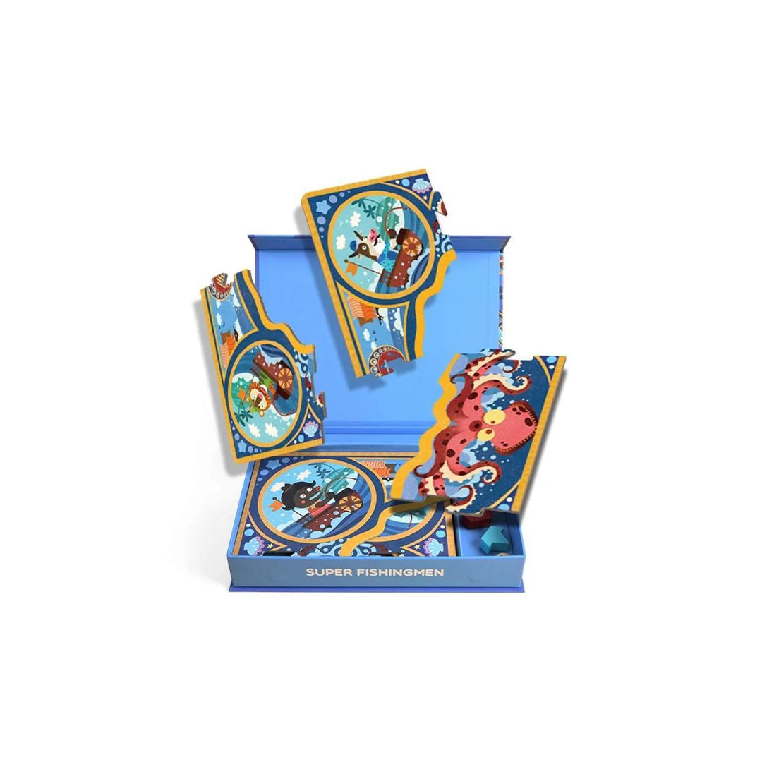 Montessori double sided fishing board game with ship blocks for active screen-free play.
