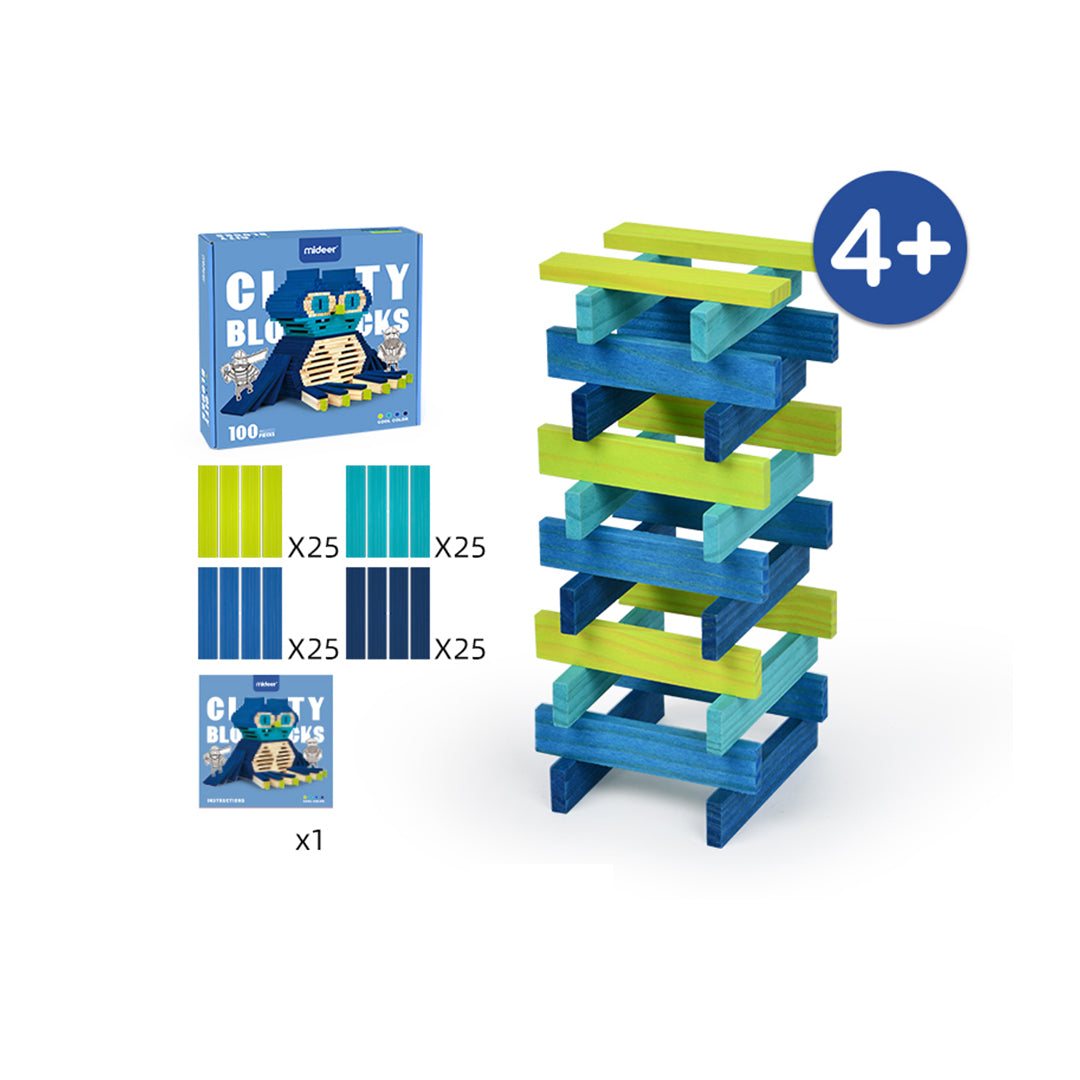 Montessori natural cool-colored wood building planks for active screen-free play.
