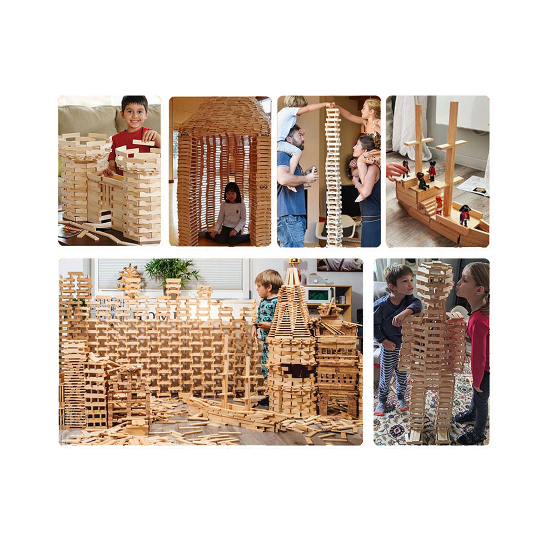 Montessori natural wood building blocks and planks for active screen-free play.
