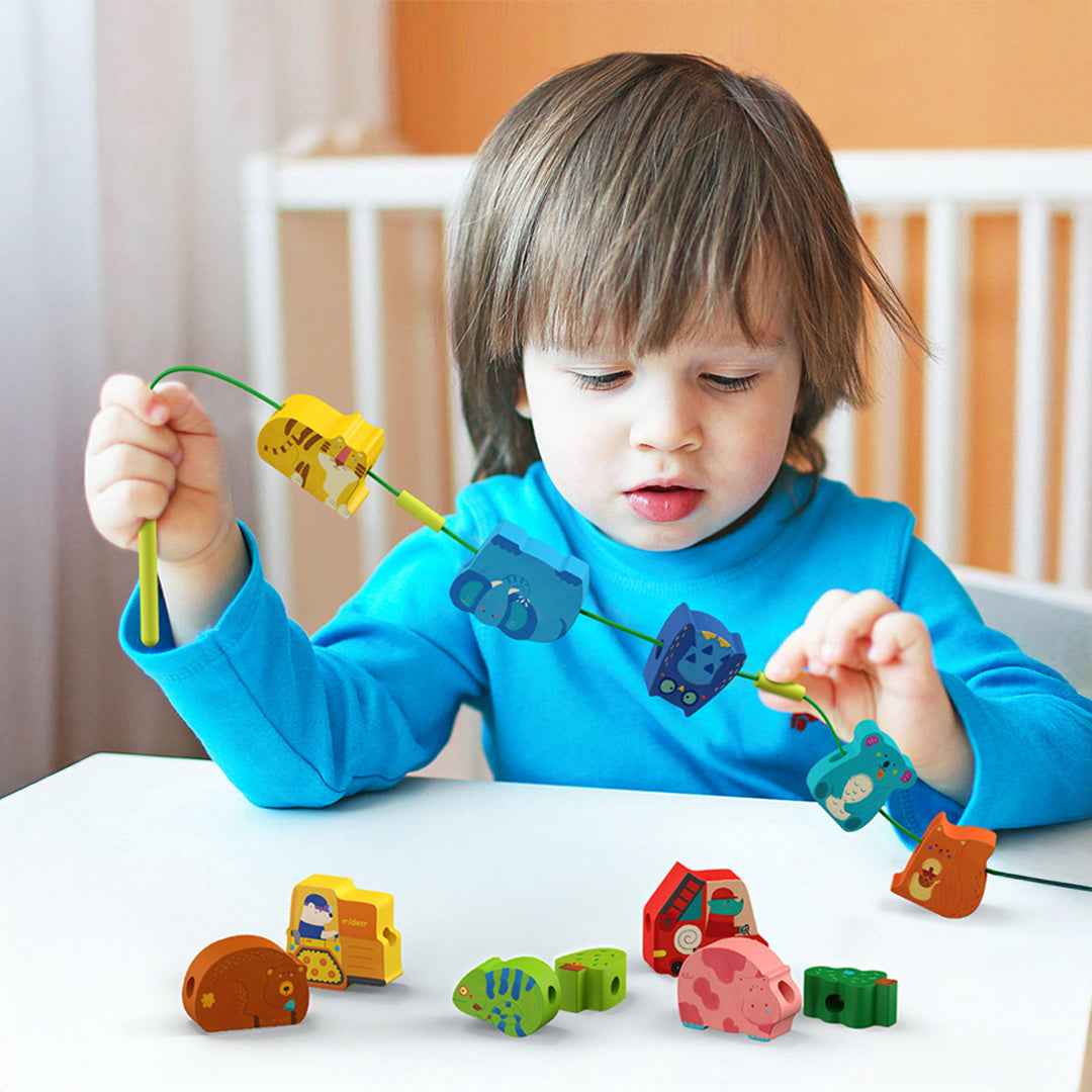 Montessori wooden car shapes and colorful stringing cord for active screen-free play.
