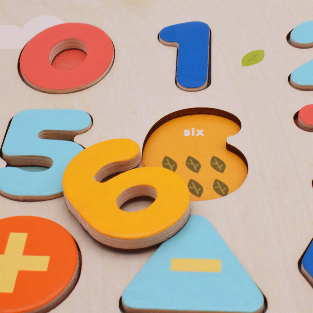 Montessori chunky colorful wooden numbers and sorting slots tray for active screen-free play.
