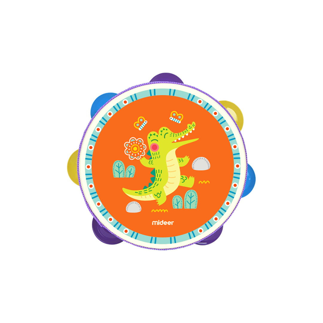 Montessori low-volume shaking hand tambourine for active screen-free play.