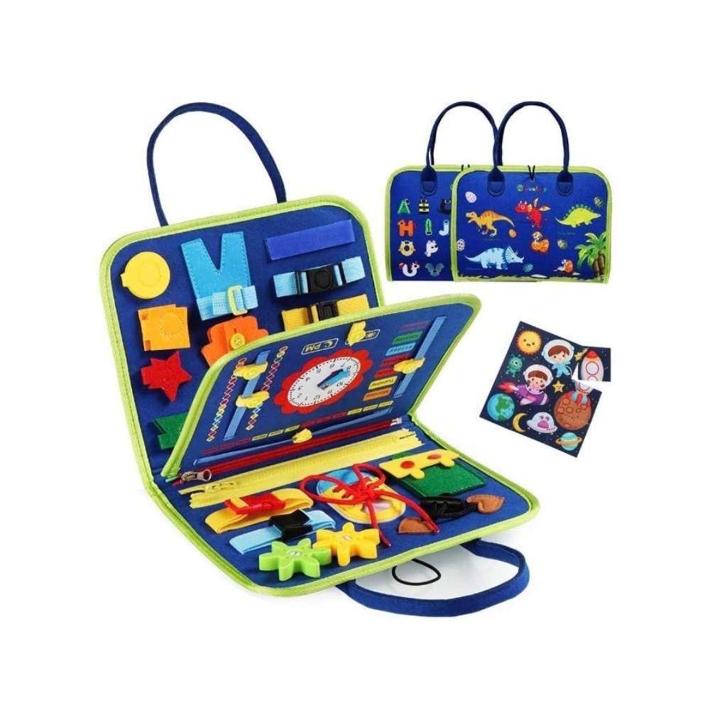 A colorful children's activity travel case shown open, with matching closed views at the top right. The case has blue handles, a bright lime green border, and multiple fabric activity tabs and stickers inside, including letters, shapes, a clock, and animal illustrations.