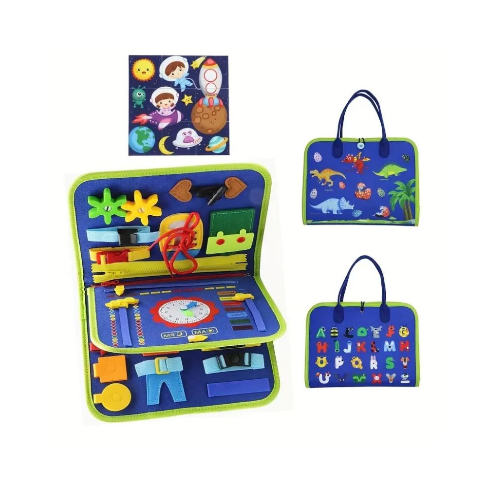 A children's activity bag set shown in three views on a white background: one open view displaying the interior activity panels, one closed view showing the dinosaur-themed exterior, and one closed view showing the alphabet-themed exterior. The bag has blue handles and a dark blue body with bright multicolor details.