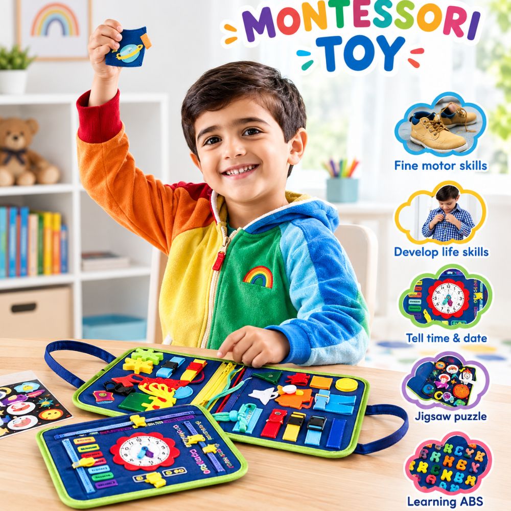 A young boy smiling and holding up a colorful Montessori toy board while sitting at a table with other matching activity boards. The scene includes promotional text and feature icons for fine motor skills, life skills, telling time, jigsaw puzzles, and learning ABCs.