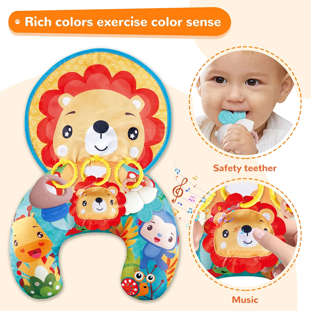Baby on tummy time supported by the sensory crawling toy with teethers.