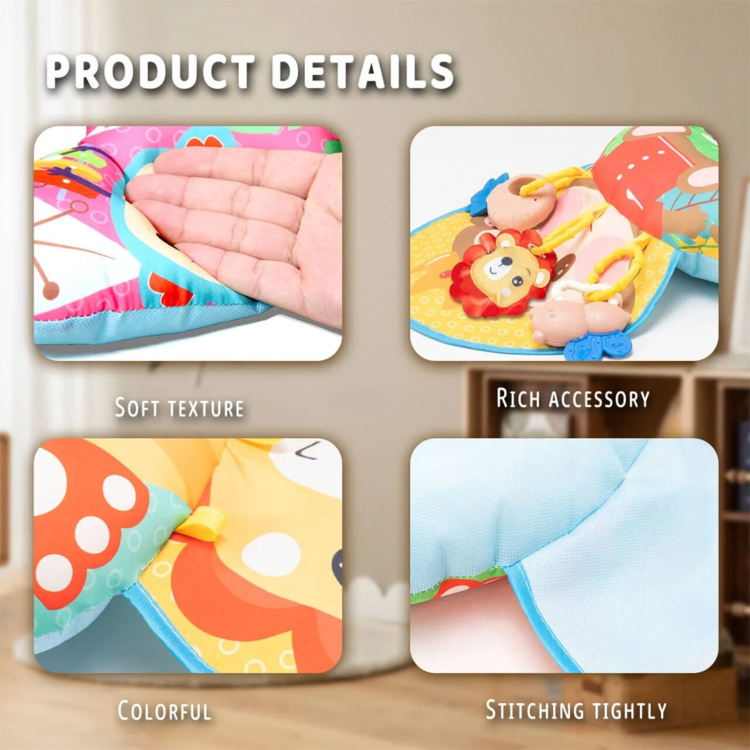 High-contrast cartoon animal designs on the baby pillow toy.