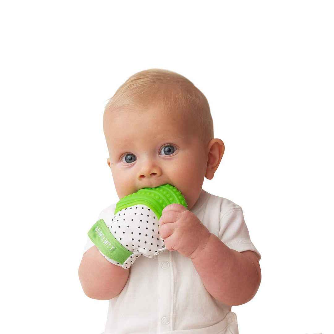 Malarkey Kids Munch Mitt - Baby Teething Mitten (Green Polka Dots) - Toyspry