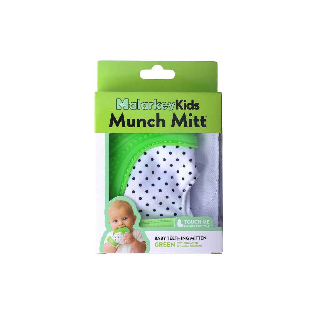 Malarkey Kids Munch Mitt - Baby Teething Mitten (Green Polka Dots) - Toyspry