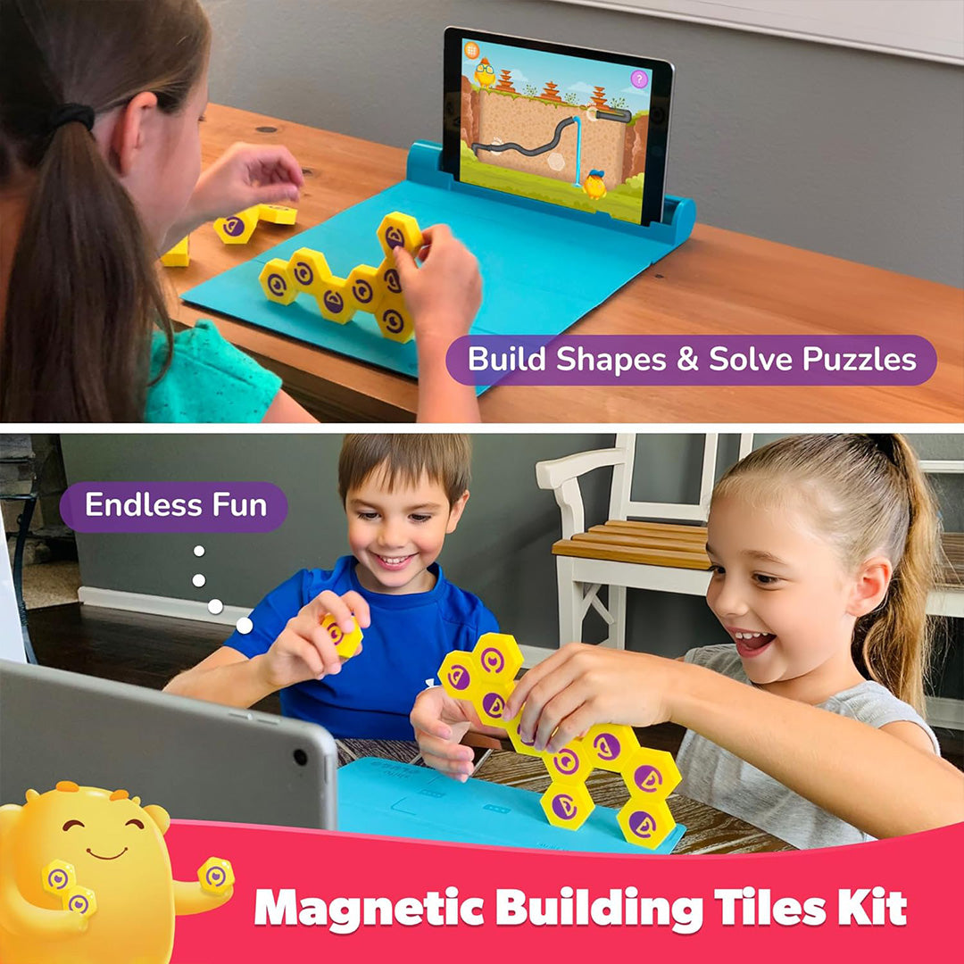 Child using activity toys magnetic blocks and AR gamepad for learning.
