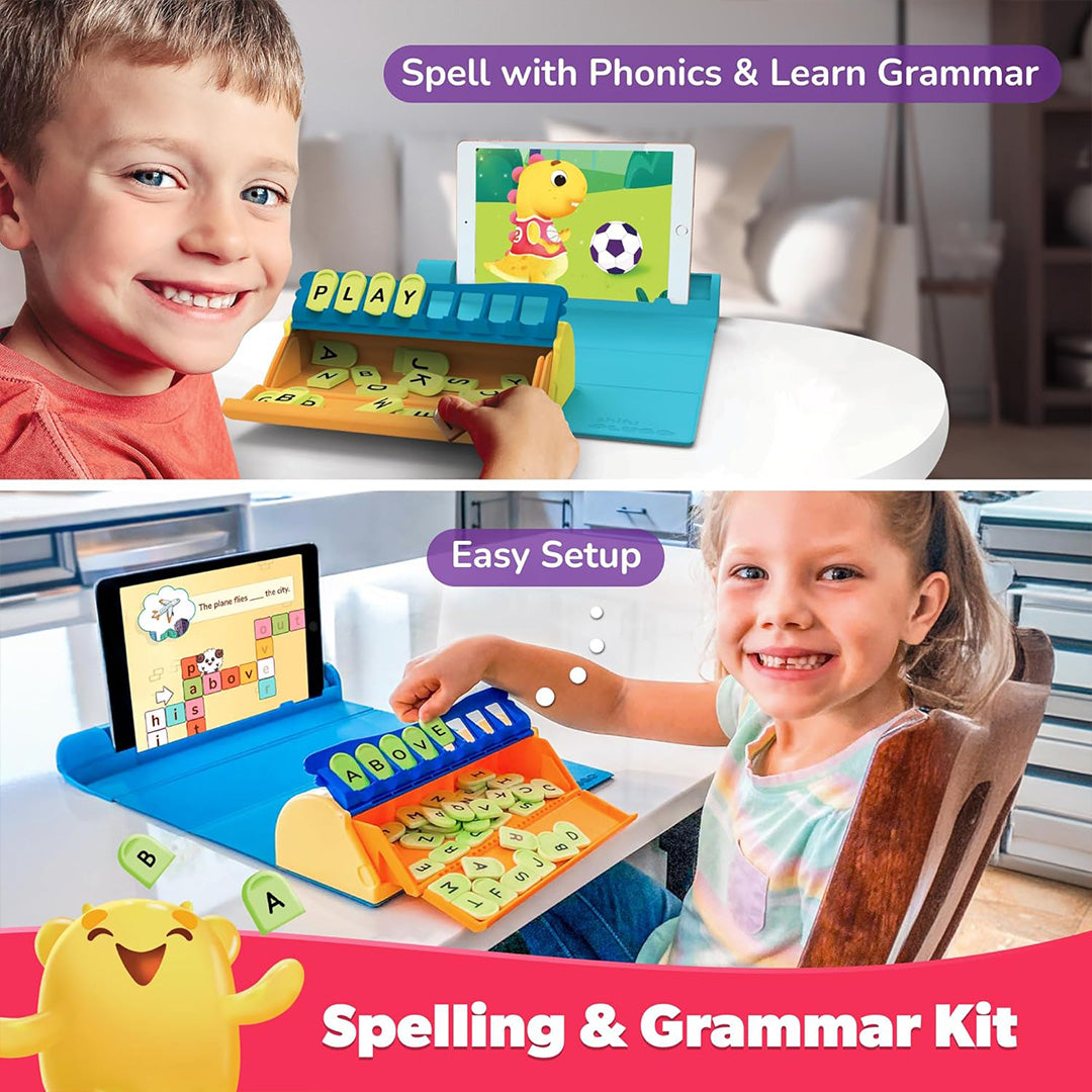 Child using activity toys magnetic blocks and AR gamepad for learning.
