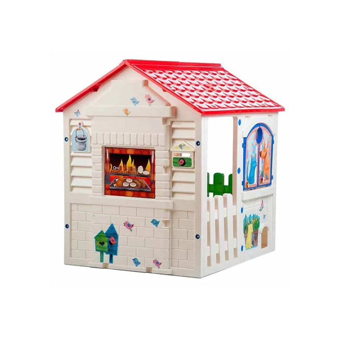 The back view of the cottage featuring the unique molded barbecue grill, perfect for kids to pretend they are cooking for friends.